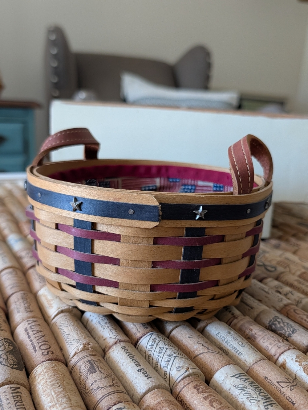 Longaberger 2003 All American Button Basket w/leather handles, metal star trim.